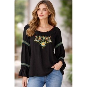 Melissa Paige Black Embroidered Floral peasant Boho Blouse Top L